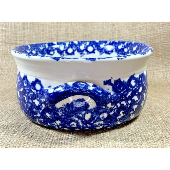 Blue Pottery Serving Bowl with Handles Sponge Painted 5" Diameter Signed - Picture 2 of 9